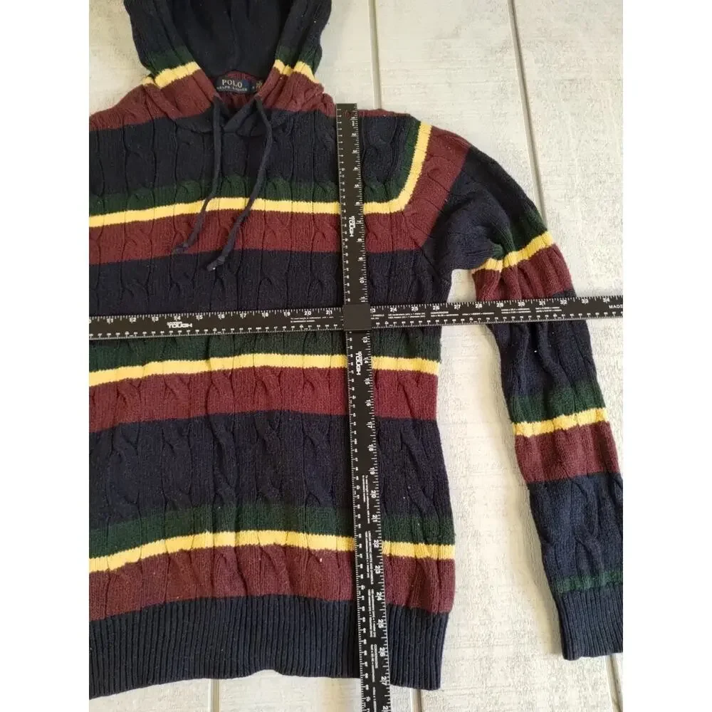 Polo Ralph Lauren St Andrews Rugby Cable Knit Hoodie Striped Sweater Men Size M